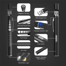 3 Rechargeable Penlights with Pupil Gauge & Ruler, LED Pen Lights for Nurses Doctors, Warm/White Light, Black