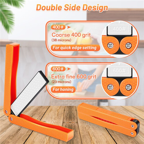 Double Sided Diamond Sharpener, Handheld Fine Coarse Diafold Blades Sharpening Stone 400/600 Grit Orange 2