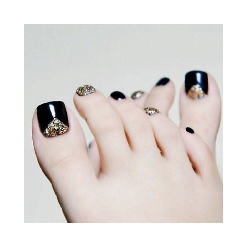 Zhouq-Outdoors 24Pcs Glitter Gold Black Fake Nails With Glue