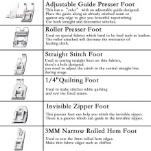 12Pcs Presser Foot Kit,Straigh Foot, Roller Foot, Snap  Sewing Machine Foot Presser Feet Set for Sewing Machines