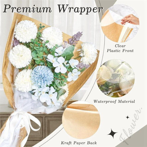 Pacote com 50 Mangas de Flores para Buquê, Saco de Papel de Embrulho de Flores de 14 X 22 Polegadas, Papel de Flores  Frontal Transparente 2