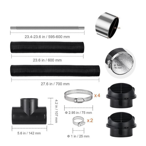 Conjunto de Dutos para Aquecedor A , Mangueira de Ar Extensível de 3 Polegadas, Tubo de Exaustão de 1 Polegada, 2 Saídas de Ar, Conector de 2