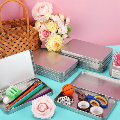Rectangular Metal Tin Box with Lid Metal Hinged Lid Tin Metal Empty Tin Box Container Silver Storage Tin Box,4PCS 2