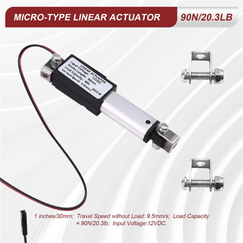 Atuador Linear Tipo Micro, Curso de 1 Polegadas, 90 N/20,3 Lb, Velocidade 9,5 mm/S  Motor Atuador Elétrico Impermeável Atuador Linear 12 V 1