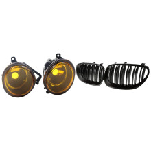 For- E39 Yellow Lens Pair Bumper Fog Light Lamp Replacement & Front Bumper Hood Kidney Grill for 5 Series E60 E61
