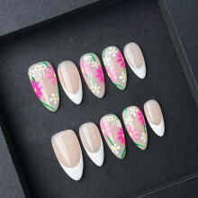 (XS) Sweet Flower Nails 10pcs - Nude, Pink, White