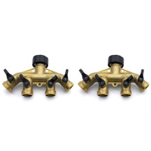 2X 4 Way Brass Hose Splitter, 3/4inch Brass Hose Faucet Manifold, Garden Hose Connector Tap Splitter, Solid Brass-Yellow