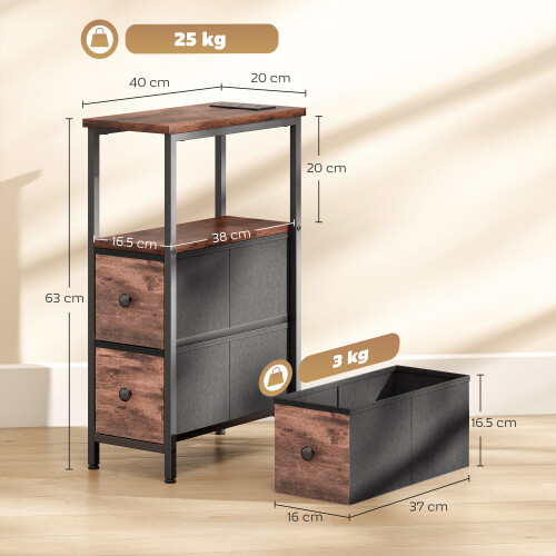 Homcom HOMCOM Side Table, Narrow Bedside Table with Charging Station, 2 Drawers 2
