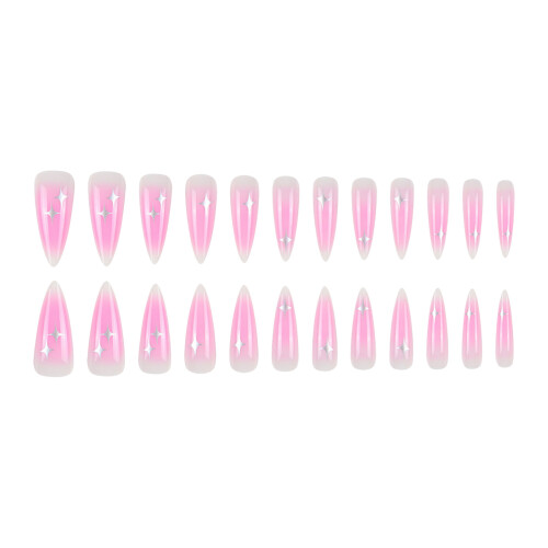 24PCS Pink Star False Nails, Easy Apply Manicure 1