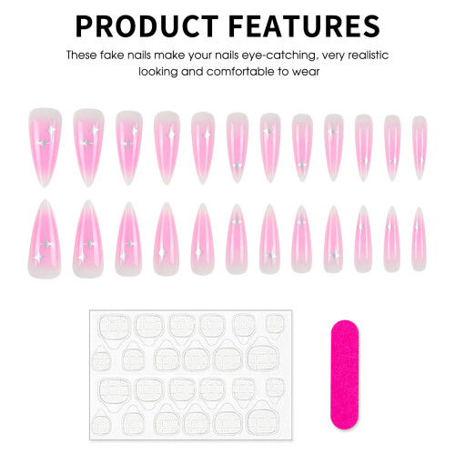 24PCS Pink Star False Nails, Easy Apply Manicure 2