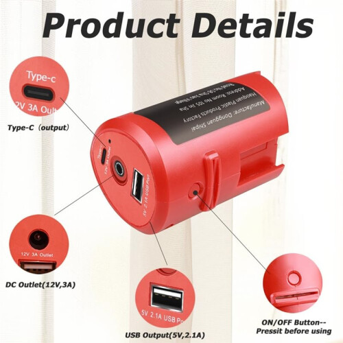 M12 Battery Adapter with Type-C Port and  12V Outlet,Power Source Replacement for  12V Battery Adapter 1