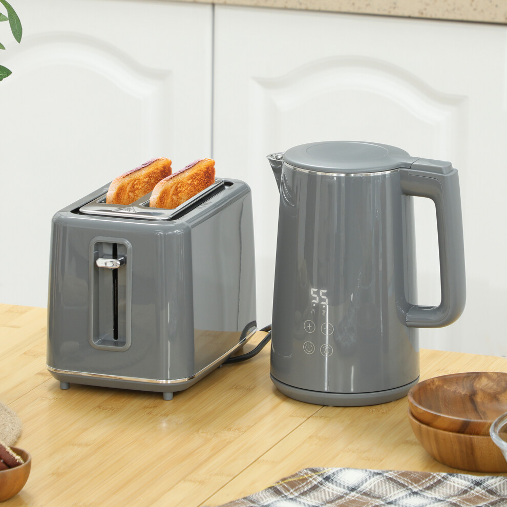 Homcom (Grey) 1.5L 3000W Fast Boil Electric Kettle And 2 Slice Toaster Set Grey