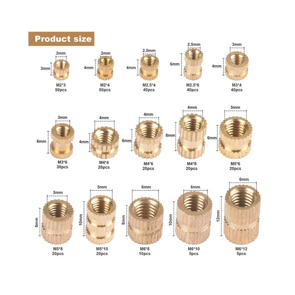 380Pcs Thread Inserts M2 M2.5 M3 M4 M5 M6 Metric Female Thread Brass Knurled Threaded Embedment Nuts Assortment Kit 6033615759234