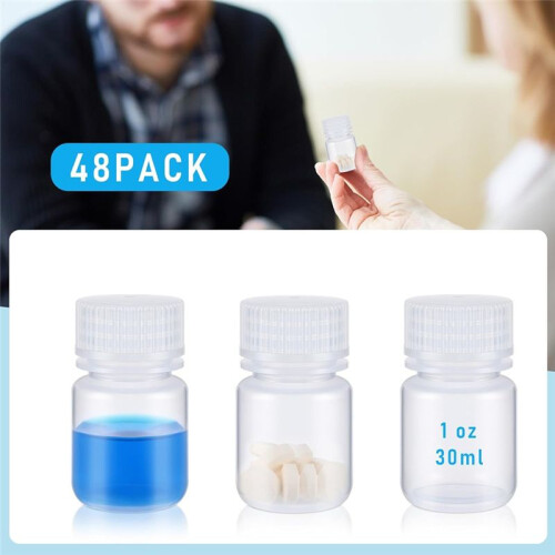 48pcs 1 Oz Pill Bottle Sample Bottle Polypropylene Wide Mouth Reagent Bottle Plastic PP Sample Container with Cap 2