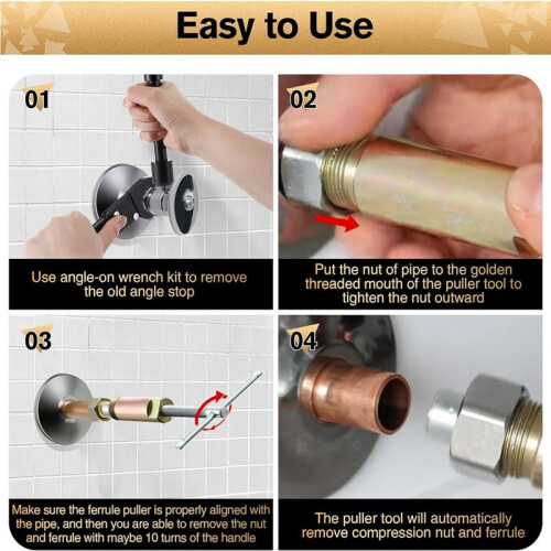 3-In-1 Plumbing Tool Angle Stop Wrench Set with Compression Socket Puller Tool, Water Pipe Wrench for Installing Angle 1