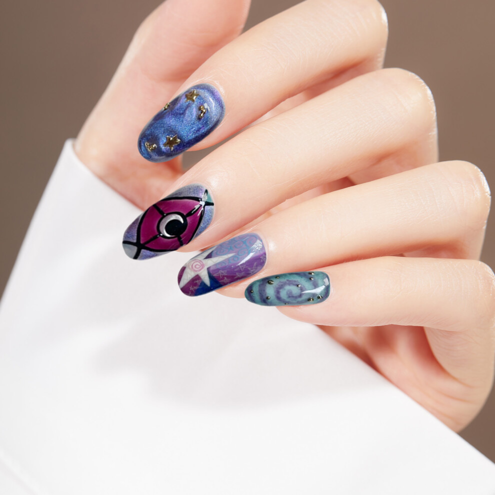Creation-3C 24Pcs Glossy Almond Fake Nails, Interstellar Design