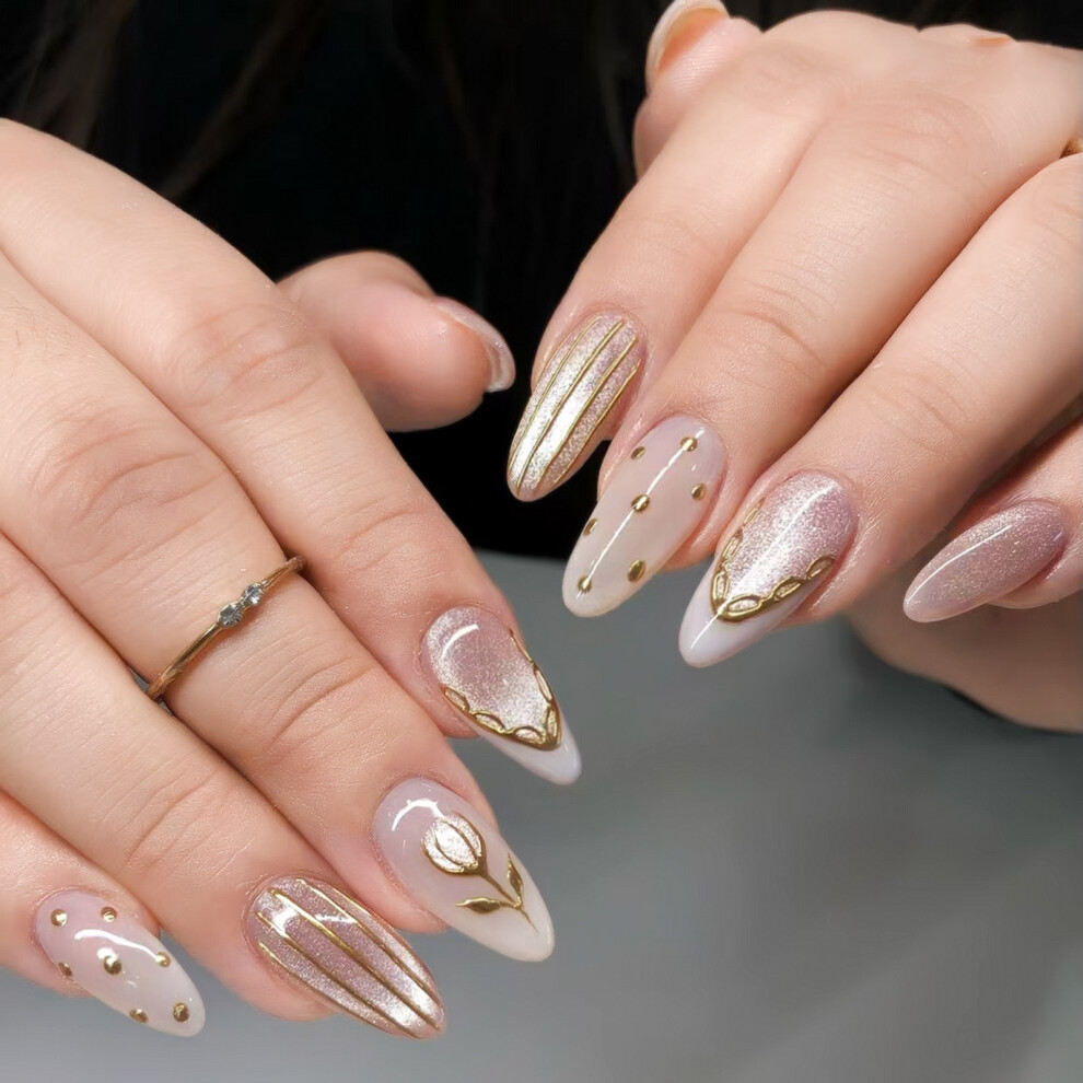 Hue-Grain 24Pcs Dot Flower False Nails For Stage Wear