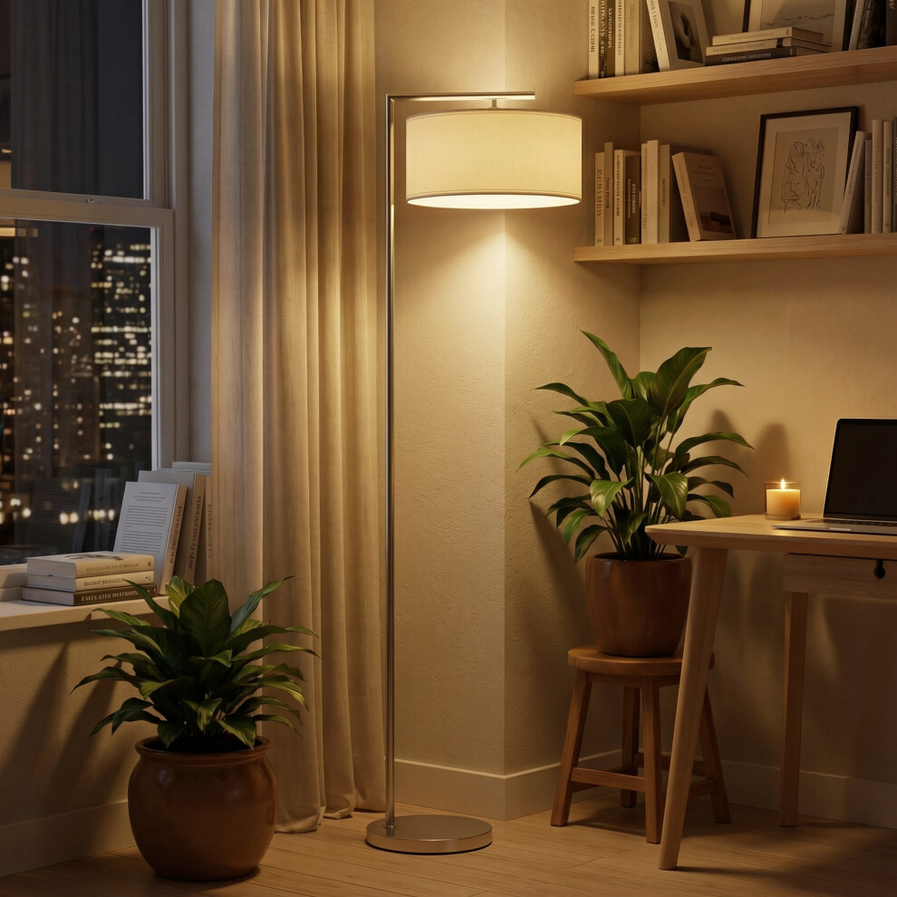 Homcom Floor Lamp, Modern Standing Lamp With Linen Lampshade, Tone Silver