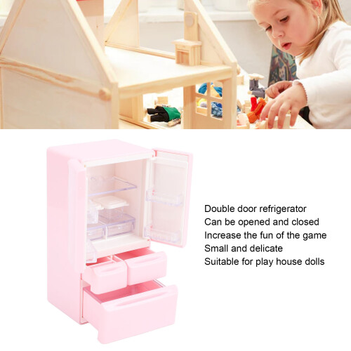 Nevera miniatura para casa de muñecas rosa, doble puerta, plástico 2