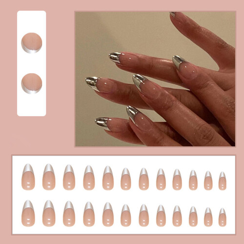 French Press-on Nails: Nude Stiletto Silver Tips 1