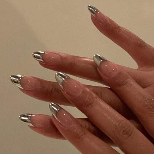 French Press-on Nails: Nude Stiletto Silver Tips 2