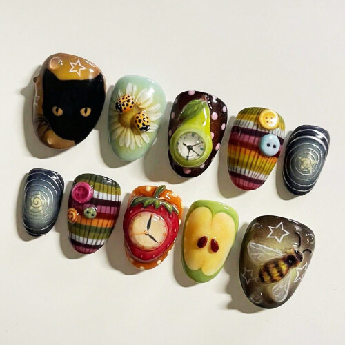 (S) Colorful Almond Press-On Nails - 10PCS Reusable 1