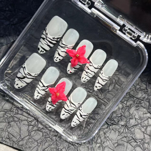 (S) 3D Flower False Nails Kit, Long Pointed DIY Design 1