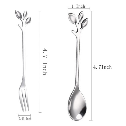 10Spoon+10Forks Stainless Steel Leaf Coffee Cake Spoon Fork Dessert Spoons, Stirring Teaspoon Set Silver 1
