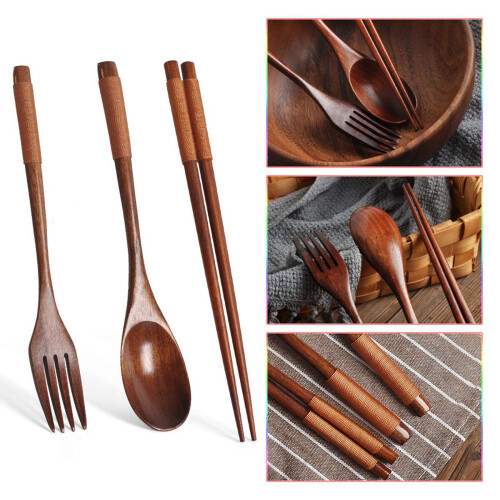 2X Wooden Flatware Set, Wooden Portable Set Spoon Fork Chopsticks Tableware Dinnerware with Khaki Twining Thread 2