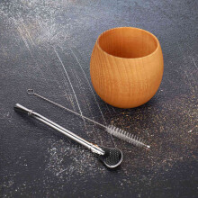 2X Wooden Yerba Gourd Mate Tea Set Natural Wood Coffee Water Mate Cup with Spoon Straw Bombilla Brush 200ML(Light)