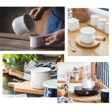 2X Emaille Milch Pfanne, Butter Warmer 10cm Emaille Pfanne Kochgeschirr mit Holz Griff, Perfekte Größe zum Erhitzen Kleinerer Flüssigkeit