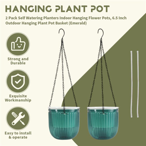 Pacote com 2 Vasos de Flores Auto-IrrigáVeis, Vasos de Flores Suspensos Internos, Cesta de Vasos Suspensos Externos de 6,5 Polegadas (Esmeralda) 1