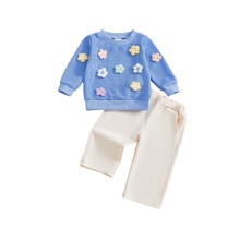 (12-18 Months, Blue) Herbstoutfit für Kleinkinder: 2-teiliges Set mit Sweatshirt und Hose, 3D-Blumenmuster, Rundhalsausschnitt.