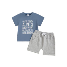 (18-24 Months, Blue 2) Letní oblečení pro batolecí chlapečky, volný střih, tričko s krátkým rukávem a kraťasy, sada 2 kusů