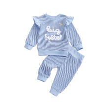 (12-18 Months, Blue) Herbstliches Waffel-Outfit für Mädchen: gestreiftes Sweatshirt mit Buchstabenstickerei und elastische Hose