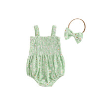 (0-3M, green) Pelele de verano sin mangas con estampado de frutas para bebé niña y diadema.