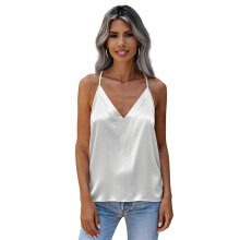 (M, White) Women's Summer Satin Camisoles Spaghetti Strap Casual Stylish Solid Color V Neck Tank Tops