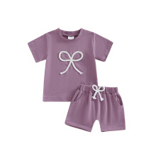 (6-12 Months, Purple) Kisgyermek kislány nyári ruhák, masni hímzett, kerek nyakú, rövid ujjú póló rövidnadrággal, 2 db-os szett