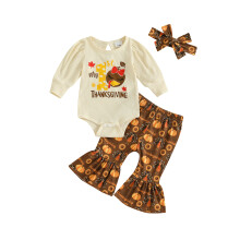 (12-18 Months, Beige) Baby Mädchen Thanksgiving Outfit: 3-teilig mit Strampler, Truthahnprint, Rundhals, lange Ärmel, Schlaghose & Stirnband