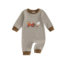 (9-12 Months, Coffee) Baba Őszi Ruha Laza Fazonú Stílusos Eper Mintás Csíkos Kerek Nyakú Hosszú Ujjú Overall