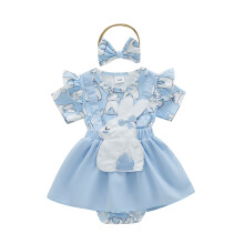 (9-12 Months, Blue) Peleles para niñas, vestidos de Pascua, monos de manga corta con bordado de conejo y dobladillo con diadema