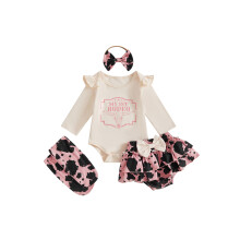 (3-6 Months, Khaki) Baby-Mädchen-Outfit: Strampler mit Buchstabenprint, Rock mit Kuhmuster, Stirnband & Socken – süßes 4-teiliges Set