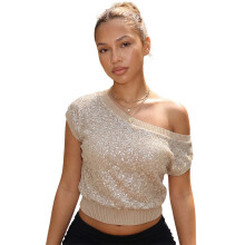 (M, Champagne) Women Sequined Knit Tops Off One Shoulder Short Sleeve Blouse Ribbed Hem and Cuffs Party Shirt