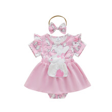 (12-18M, Pink) Peleles para niñas, vestidos de Pascua, monos de manga corta con bordado de conejo y dobladillo con diadema
