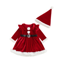 (6-12 Months, Red) Neugeborenes Mädchen Stramplerkleid, Weihnachten, Rot, Rundhalsausschnitt, Langarm, Plüschbesatz, Jumpsuit mit Mütze