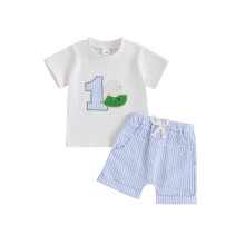 (6-12 Months, Blue) Outfit pro chlapečka k 1. narozeninám, tričko s krátkým rukávem a letní pruhované kraťasy.