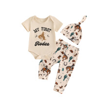 (12-18 Months, Beige) Chlapečekský westernový outfit s krátkým rukávem, elastickým pasem a 3dílnou soupravou.