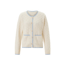 (M, White) Women's Contrast Line Cardigan Long Sleeve Round Neck Button Down Sweater Knit Tops with Pockets