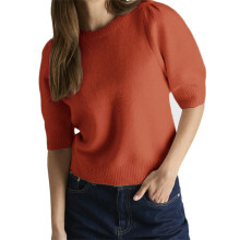 (S, Red) Women's Spring Autumn Knit Sweaters Half Sleeve O Neck Solid Color Bow Decor Casual Knitwear