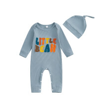 (0-3 Months, Blue) Conjunto de otoño para bebé niño y niña, mono acanalado de manga larga con bordado de letras y gorro, 2 piezas
